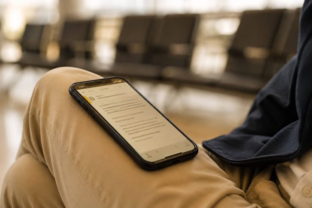 Foto de homem sentado no aeroporto olhando para o celular procurando o que fazer. A imagem ilustra o artigo do Psicanalista Homero Mônaco sobre quem é você quando não tem nada para decidir.