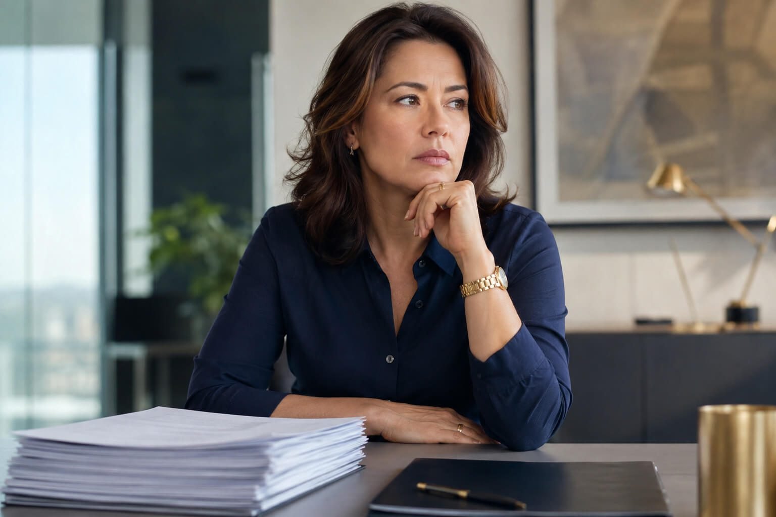 Mulher olhando par ao nada no meio de uma reunião com uma pilha de papéis e coisas para resolver à sua frente. A foto ilustra o artigo Você trava exatamente nas decisões que mais importam, já reparou nisso? escrito pelo psicanalista Homero Mônaco.